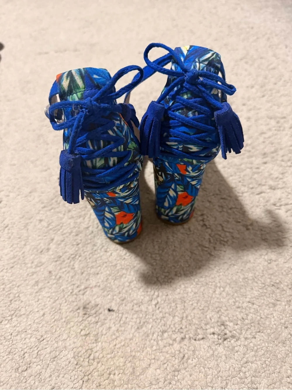 Blue Floral Block Heel Ankle-Strap Sandals
